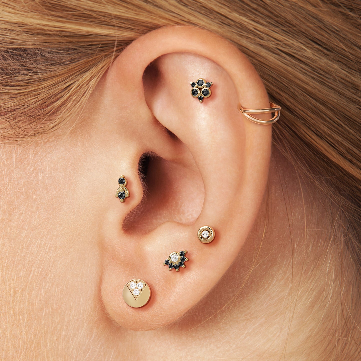 14K Gold Half Pavé Black and White Diamond Threadless End