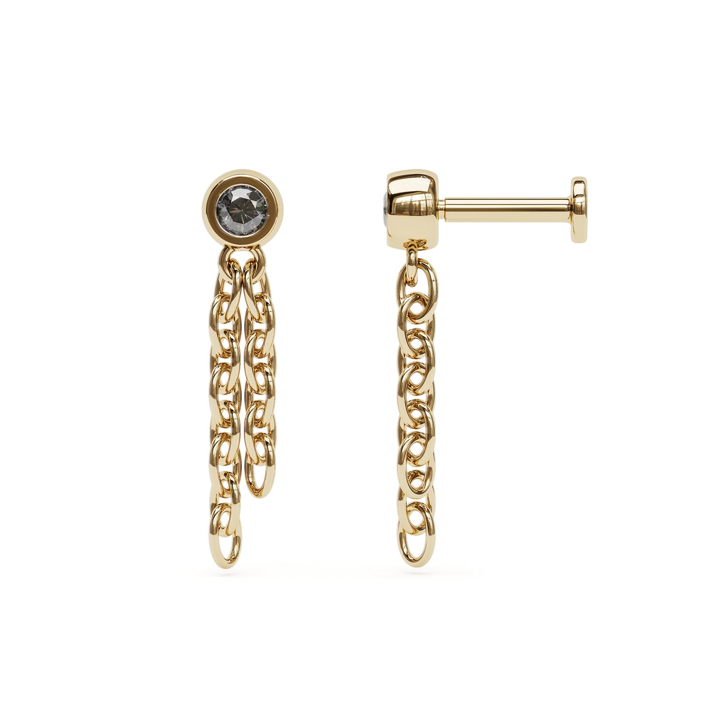14K Gold Black Diamond Chain Dangle Stud