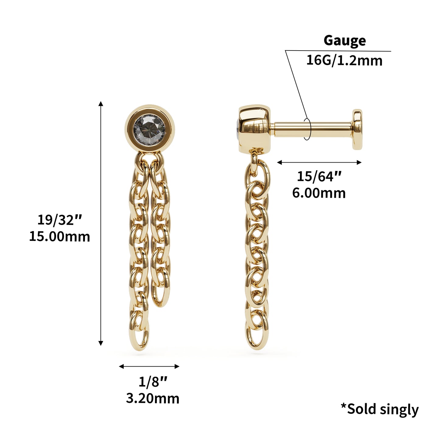14K Gold Black Diamond Chain Dangle Stud