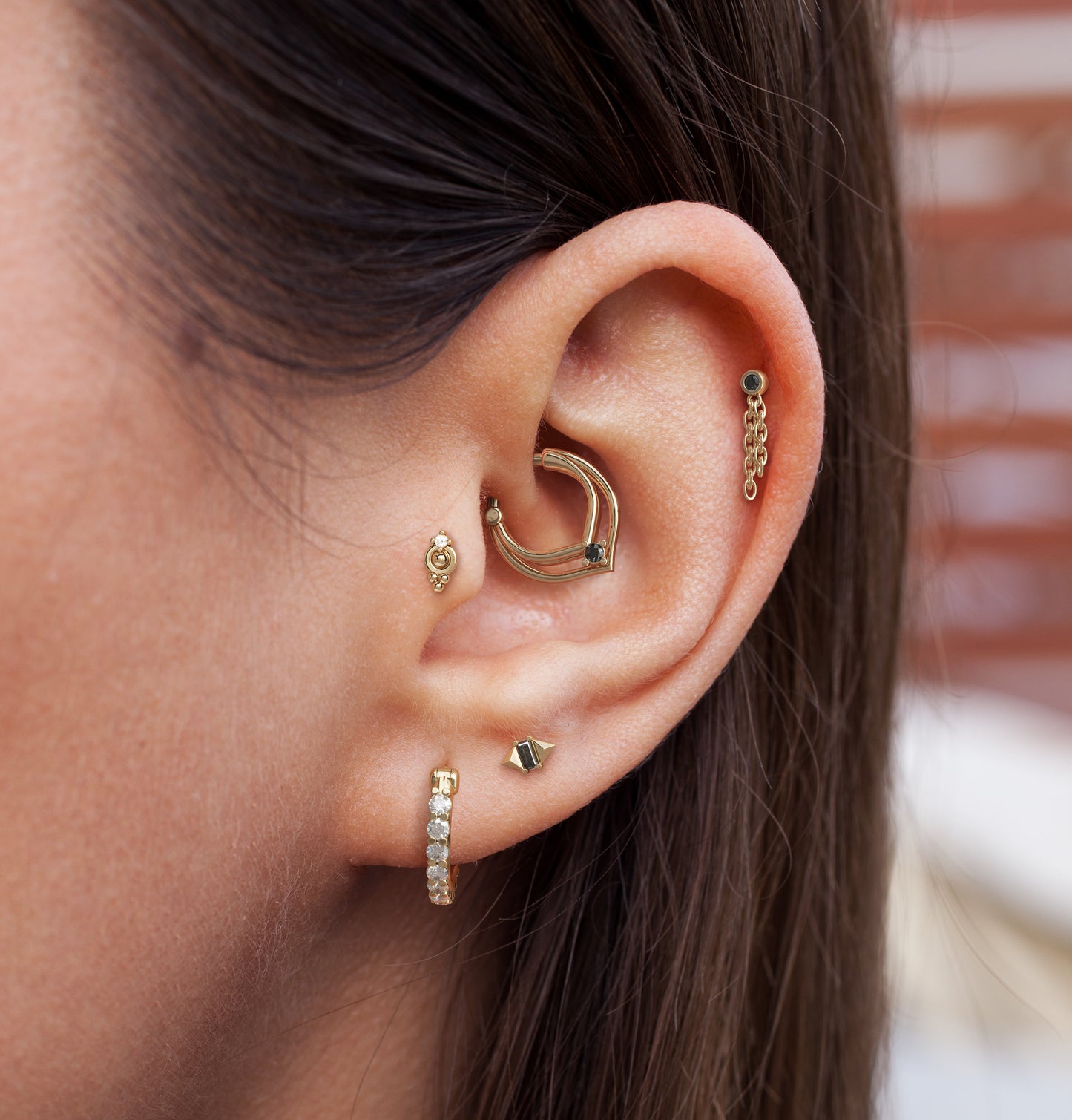 14K Gold Black Diamond Chain Dangle Stud
