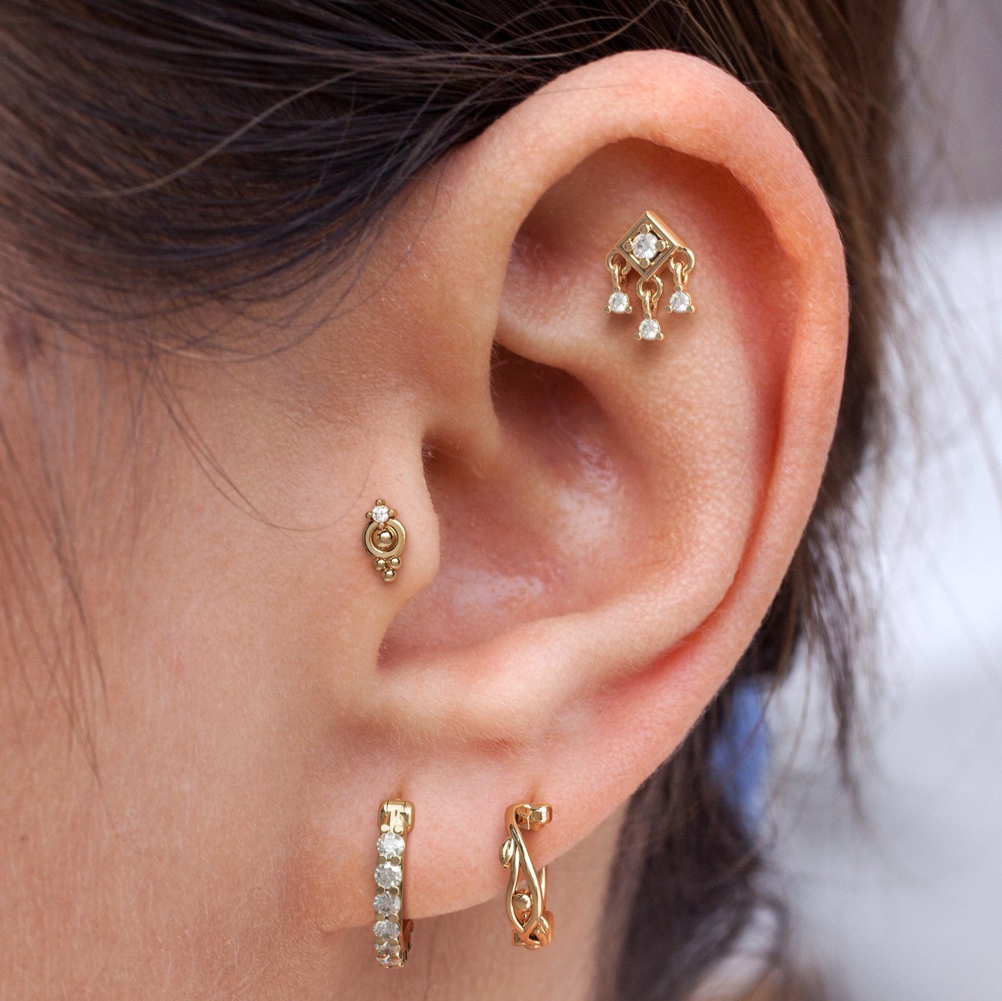 14K Gold Diamond Square Dangle Threadless End
