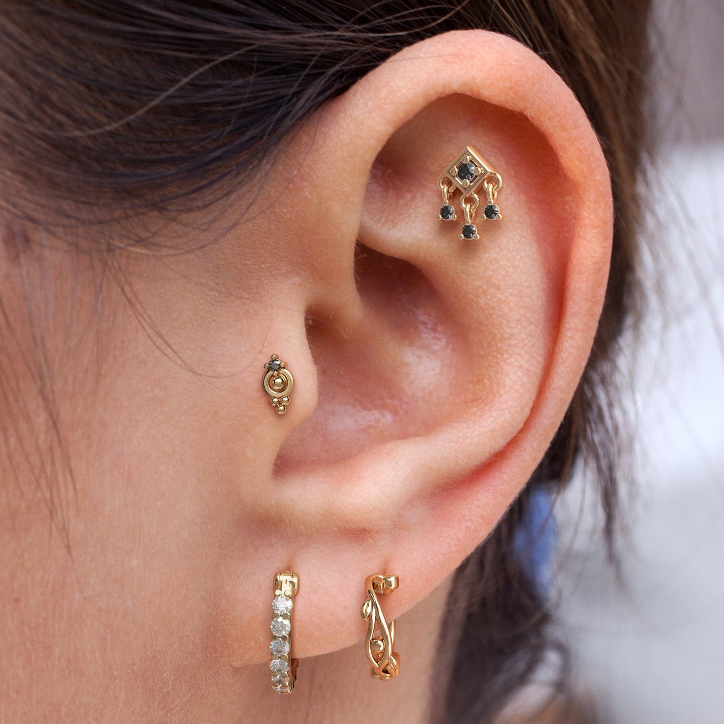 14K Gold Black Diamond Square Dangle Threadless End