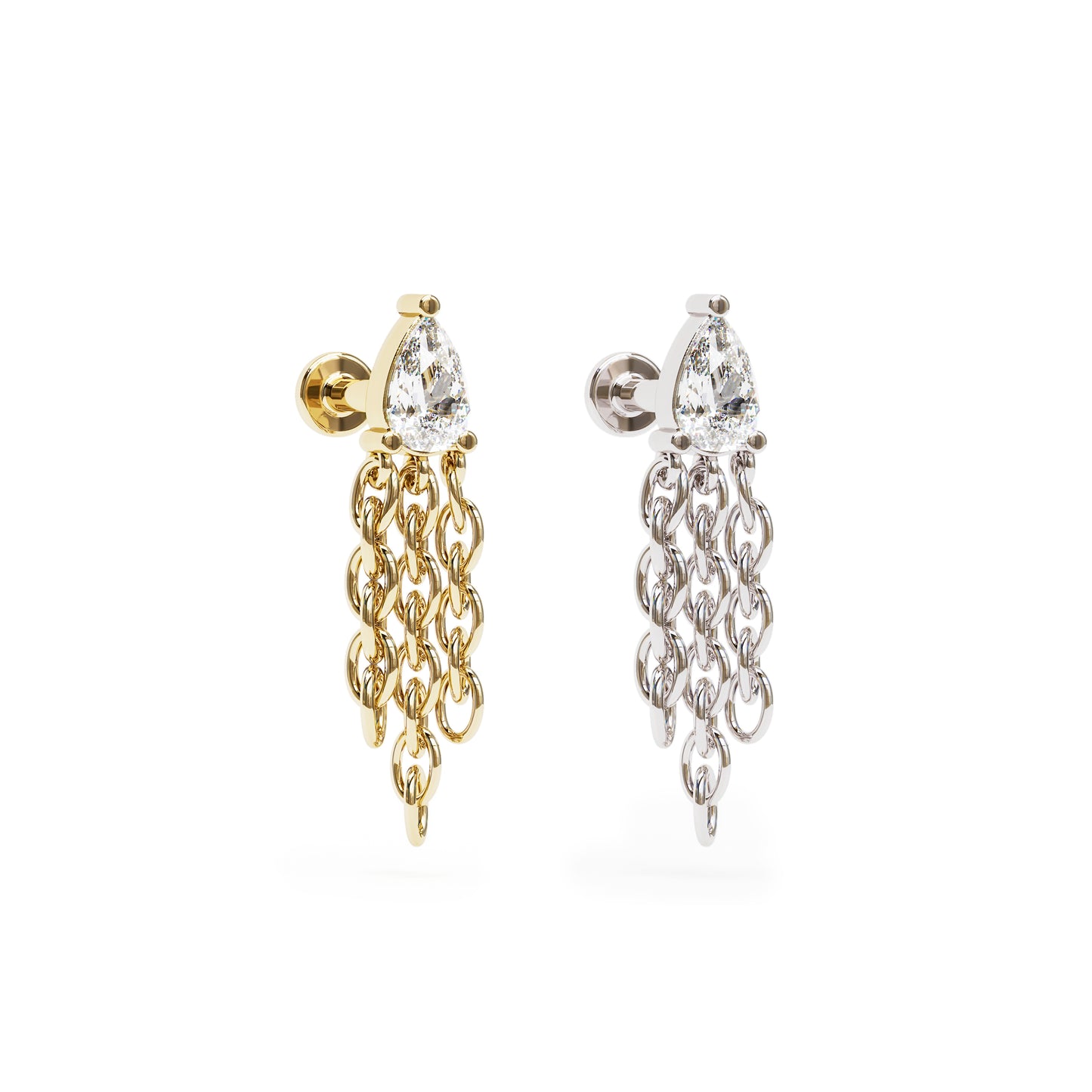 14K Gold Pear-Shape Diamond Chain Dangle Stud