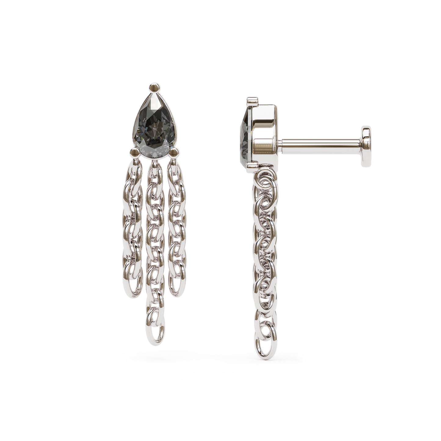 14K Gold Pear-Shape Black Diamond Chain Dangle Stud