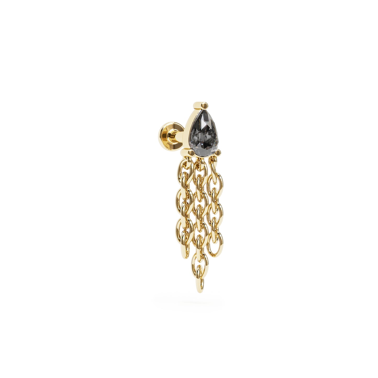 14K Gold Pear-Shape Black Diamond Chain Dangle Stud