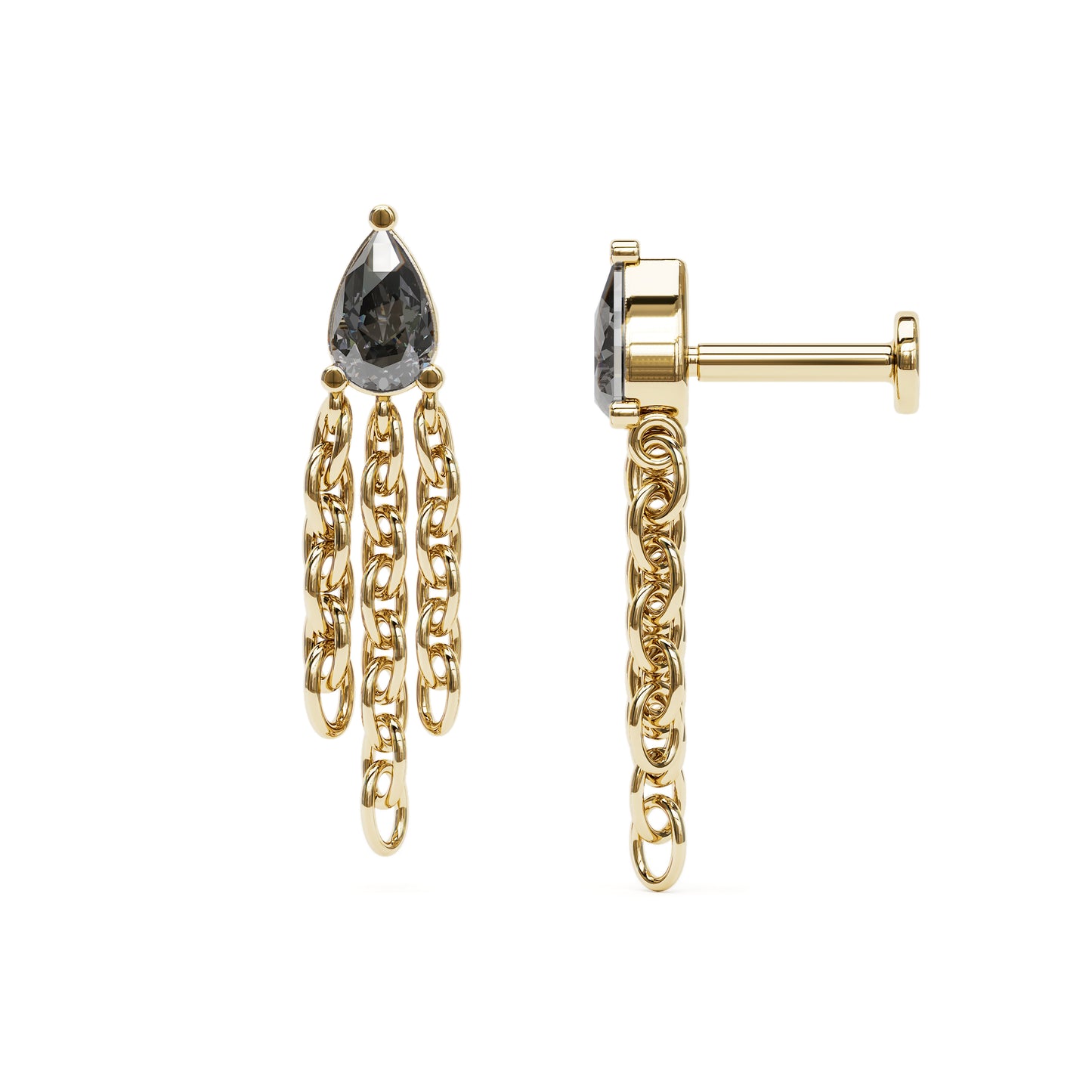 14K Gold Pear-Shape Black Diamond Chain Dangle Stud