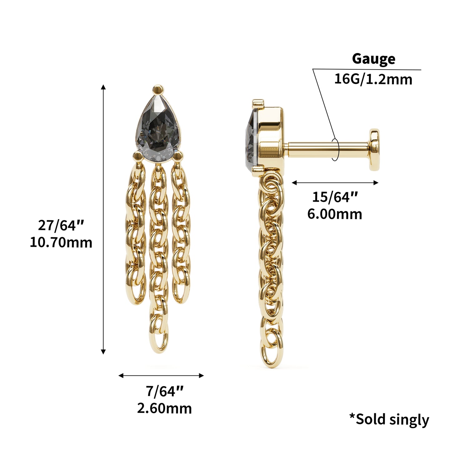14K Gold Pear-Shape Black Diamond Chain Dangle Stud