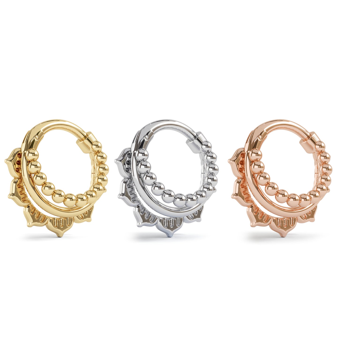 Solid Gold Stacked Beaded Lotus Clicker Hoop