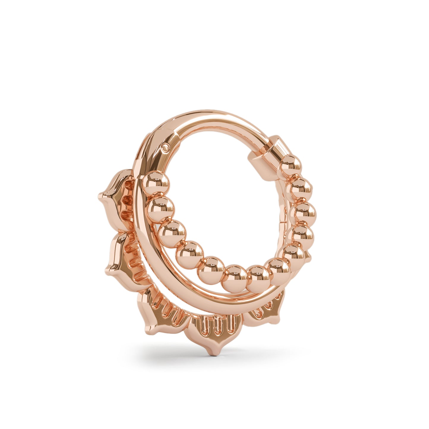 Solid Gold Stacked Beaded Lotus Clicker Hoop