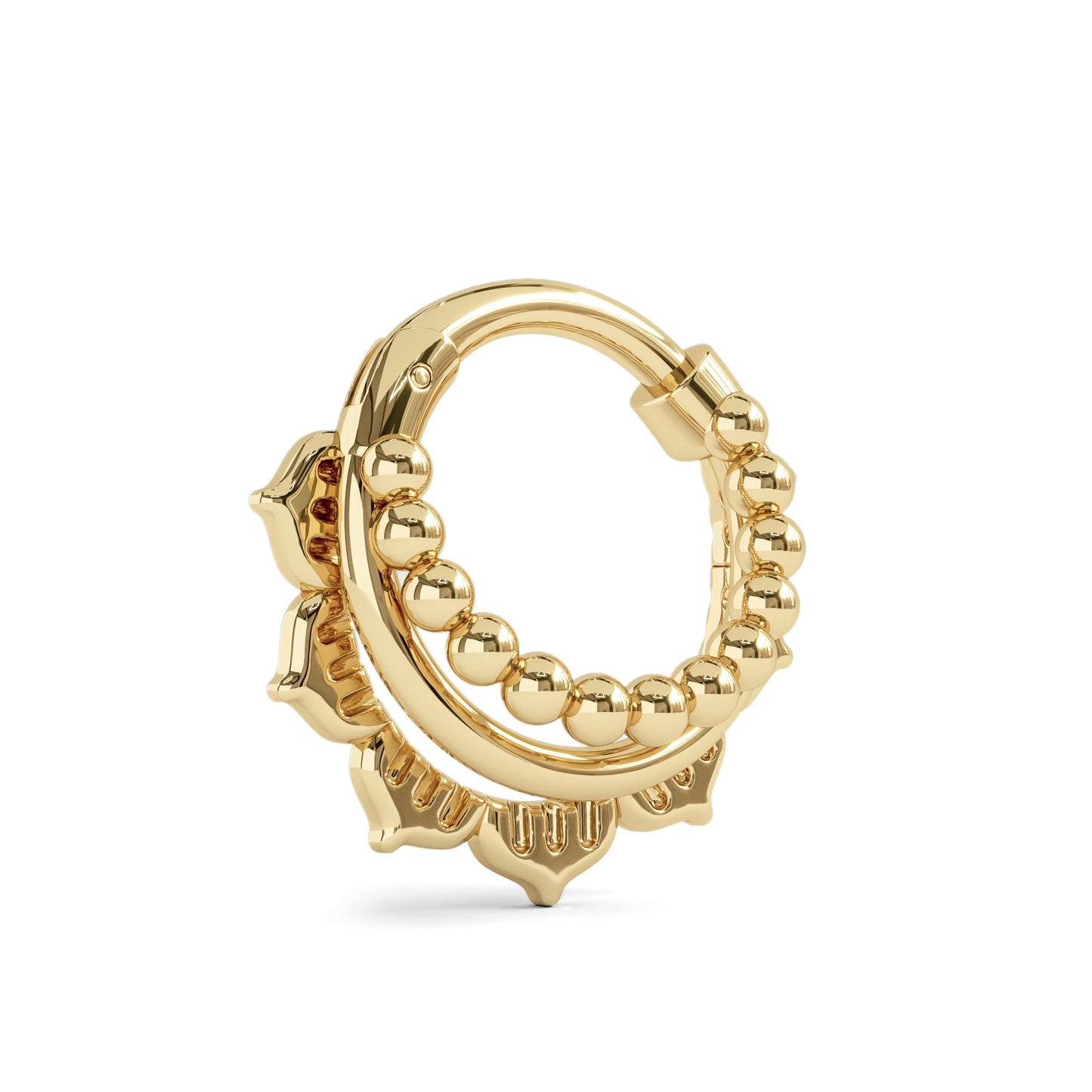 Solid Gold Stacked Beaded Lotus Clicker Hoop