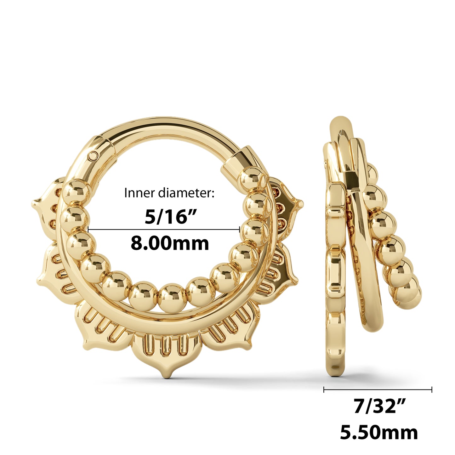 Solid Gold Stacked Beaded Lotus Clicker Hoop