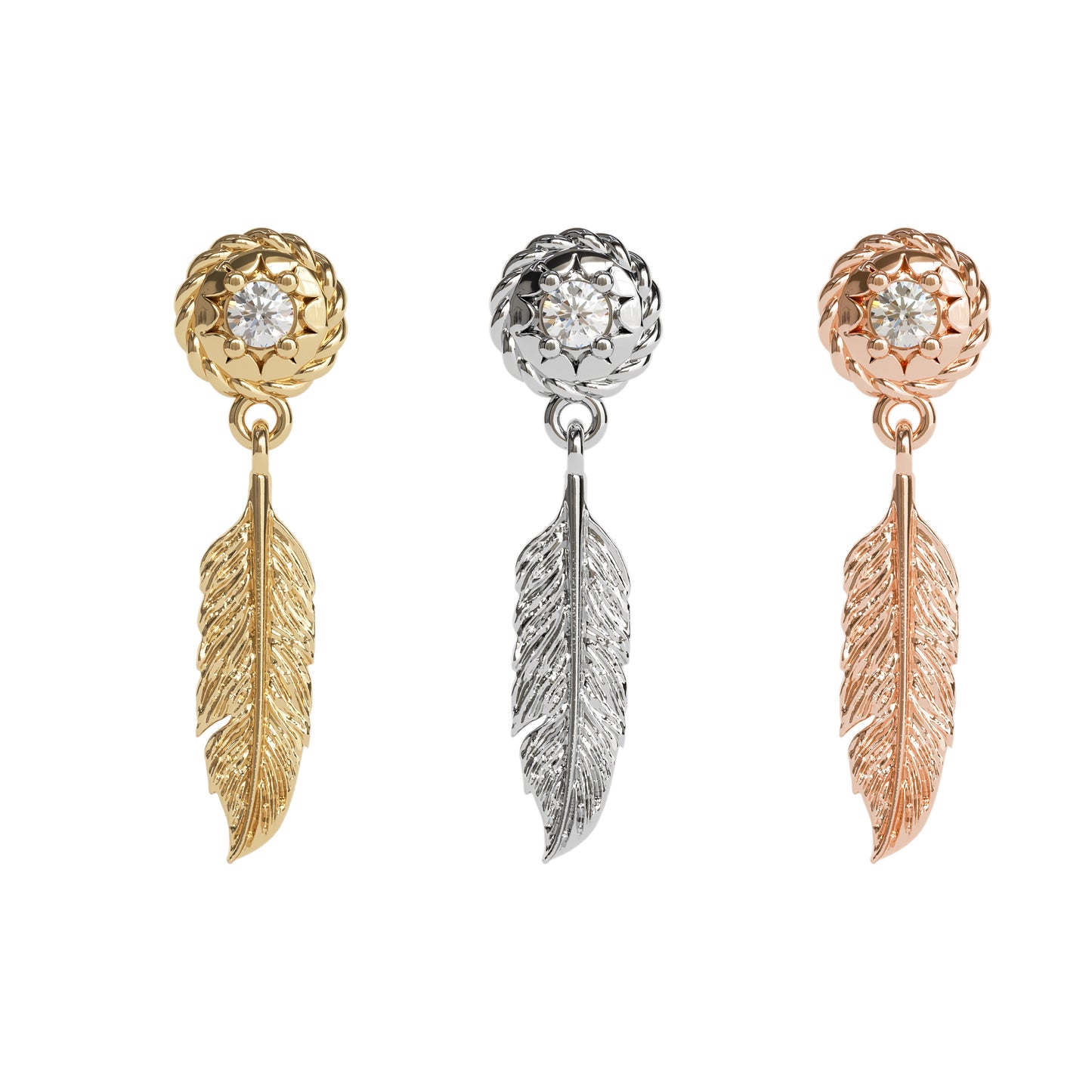 14K Gold Diamond Feather Dangle Threadless End