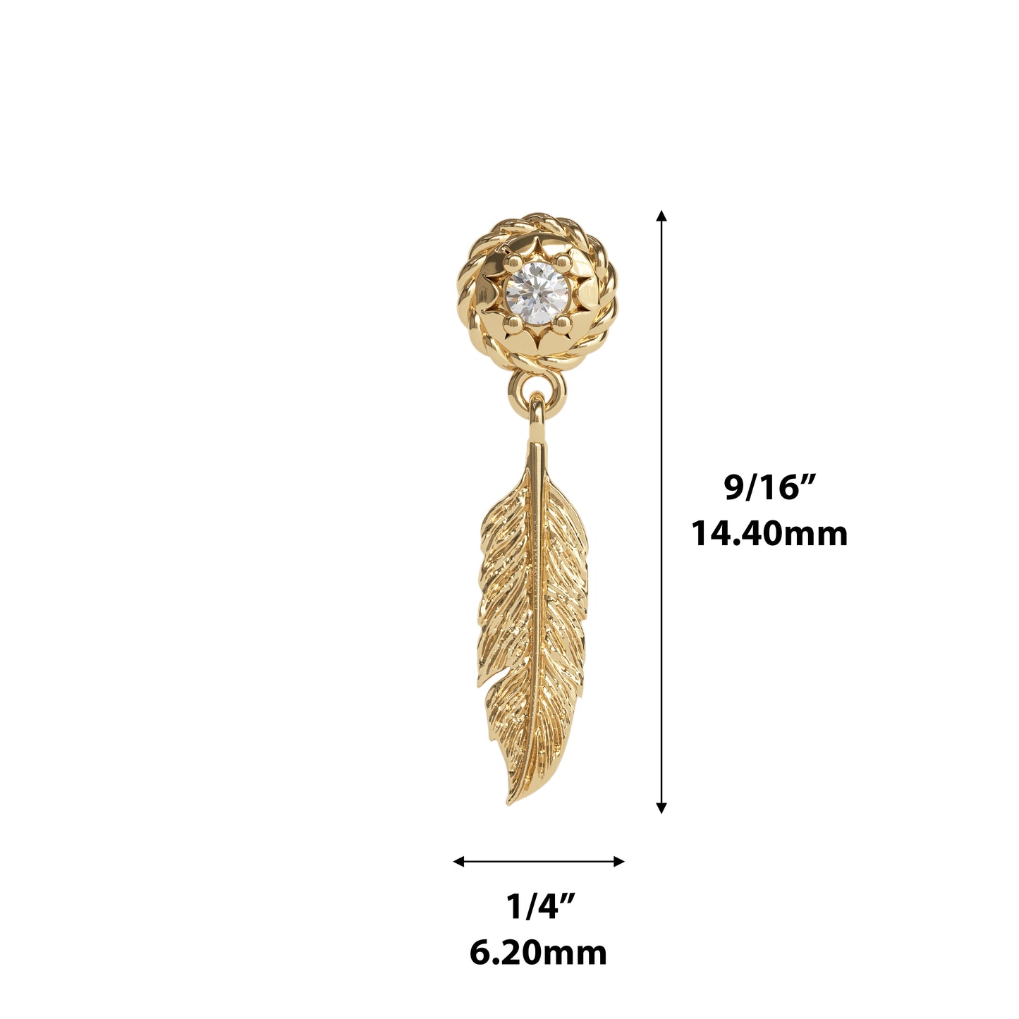 14K Gold Diamond Feather Dangle Threadless End