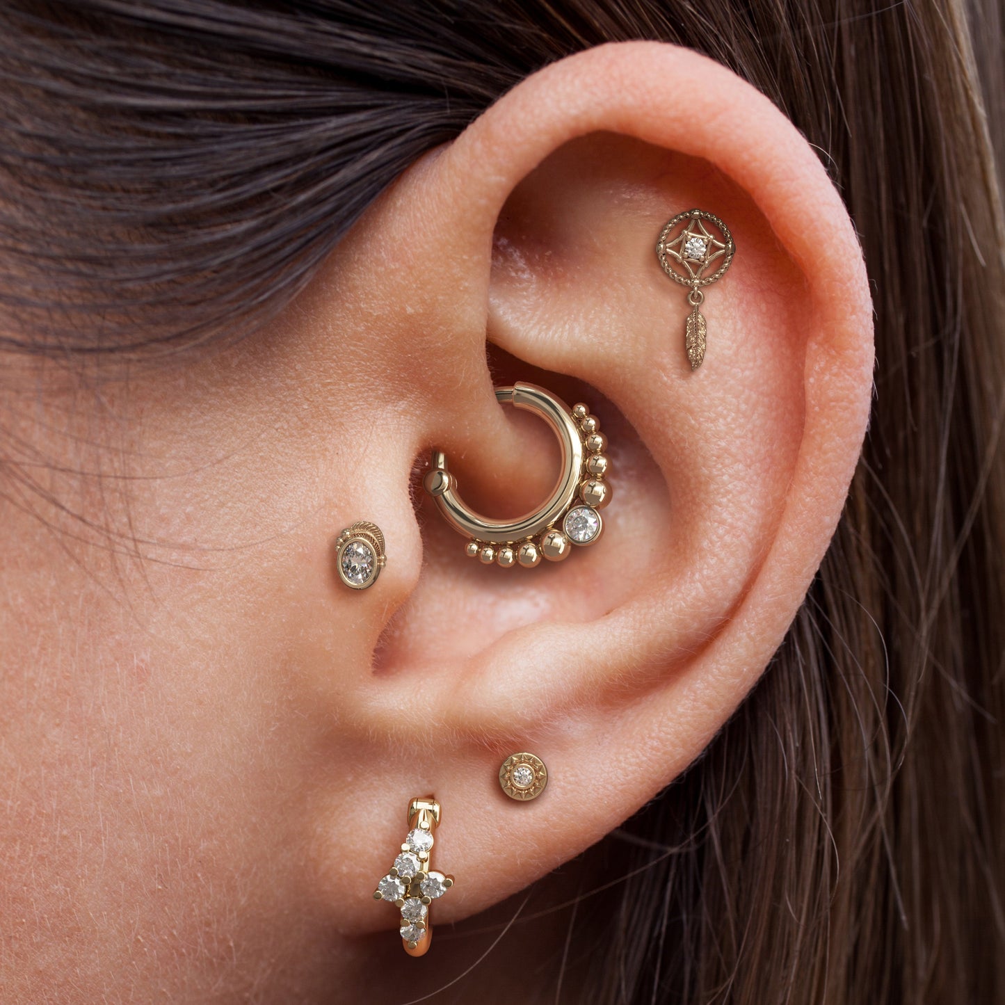 14K Gold Oval Diamond Feather Threadless End