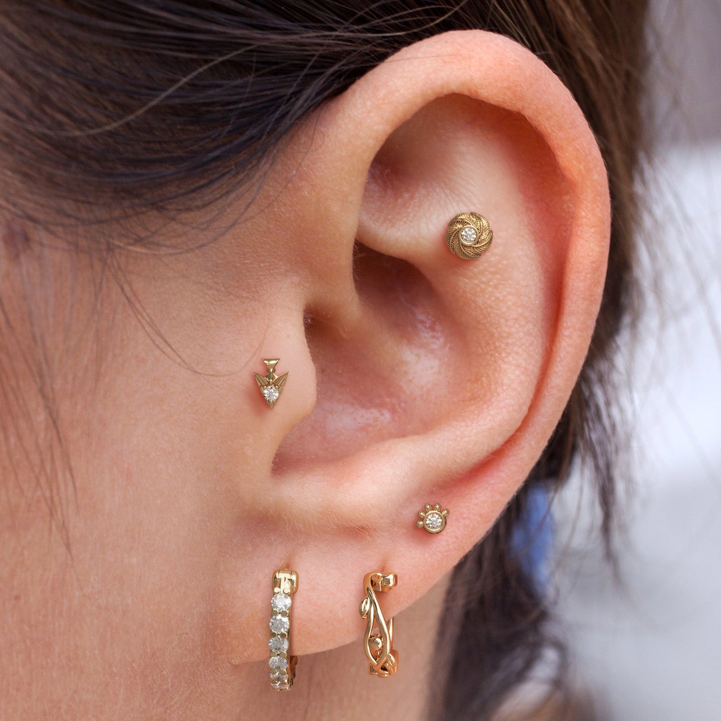 14K Gold Diamond Spiral Feather Threadless End