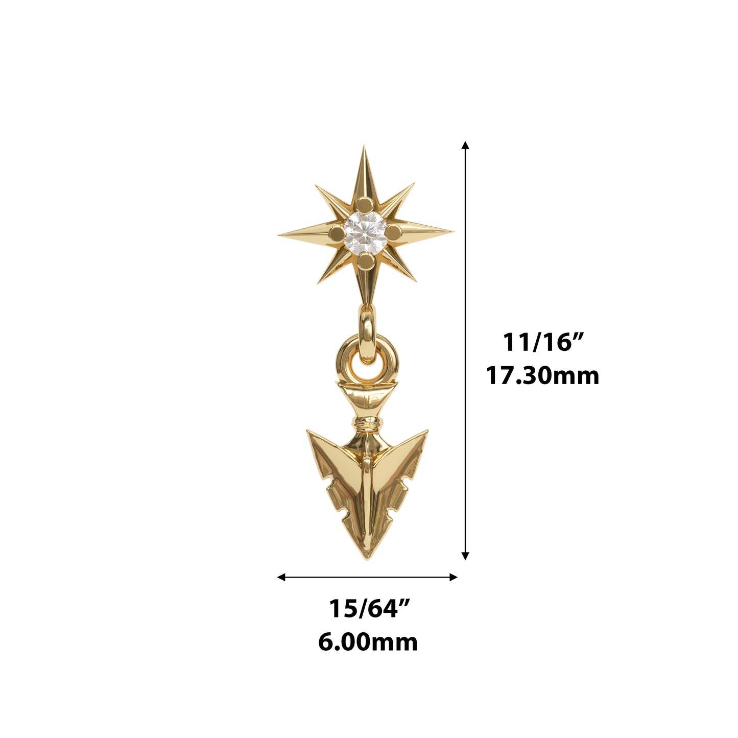 14K Gold Diamond Starburst Arrowhead Dangle Threadless End