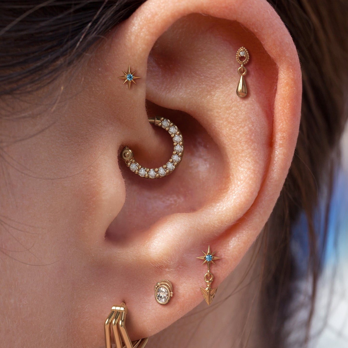 14K Gold Blue Topaz Starburst Threadless End