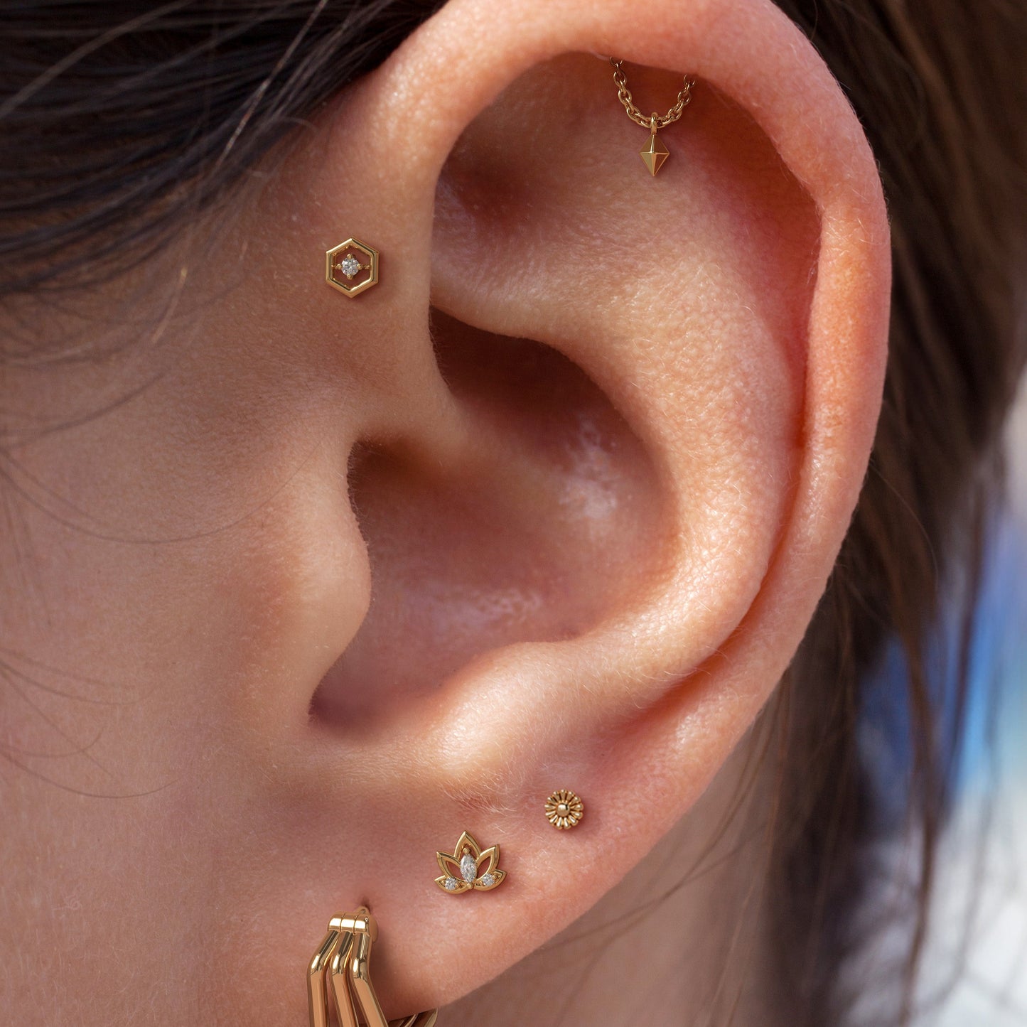 14K Gold Diamond Lotus Flower Threadless End