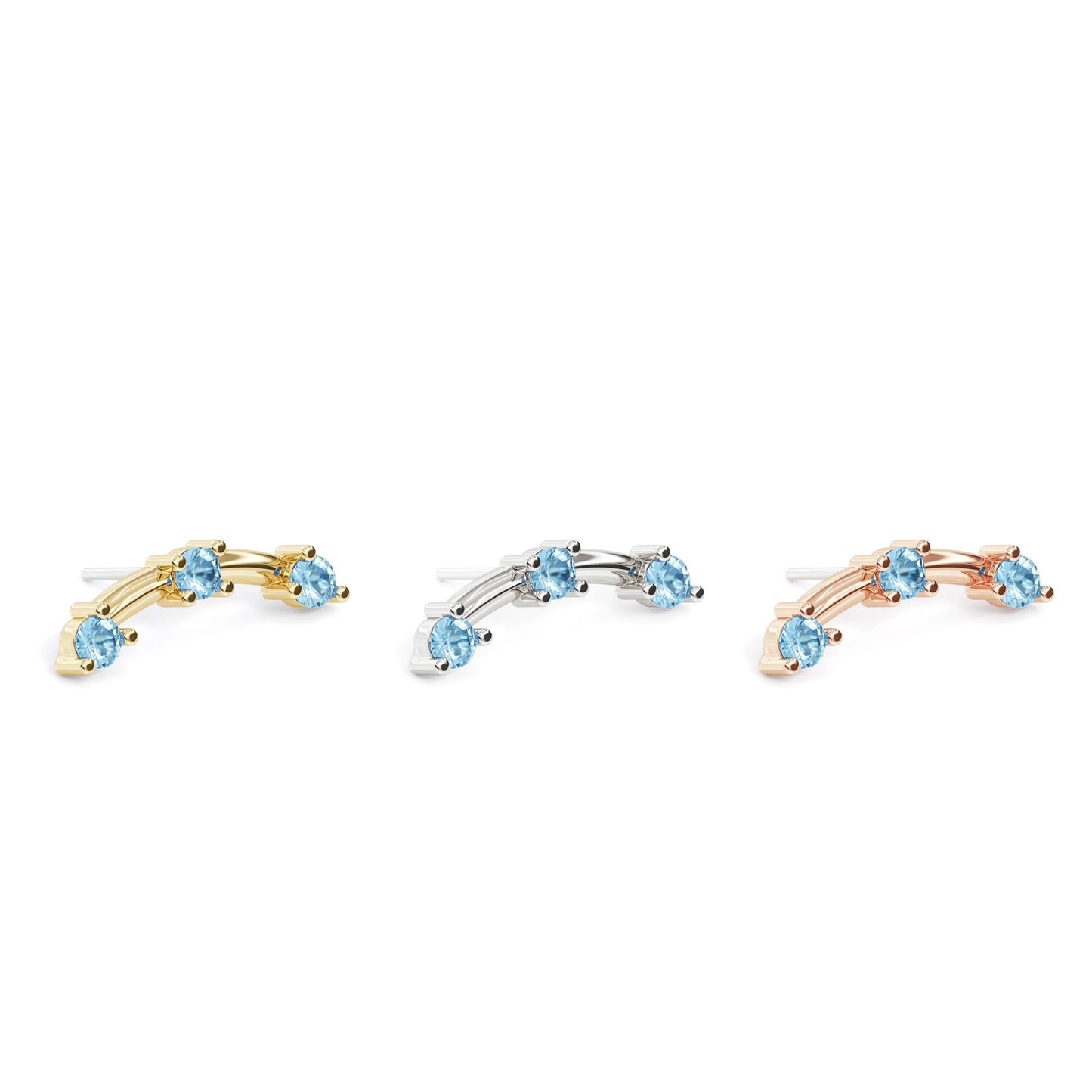 14K Gold Trio Round Blue Topaz Curved Threadless End