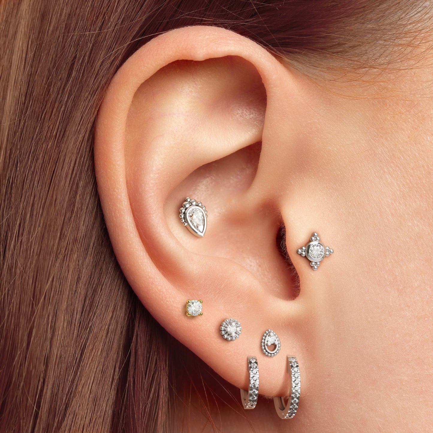 Tiny 14K Gold Diamond Beaded Stud