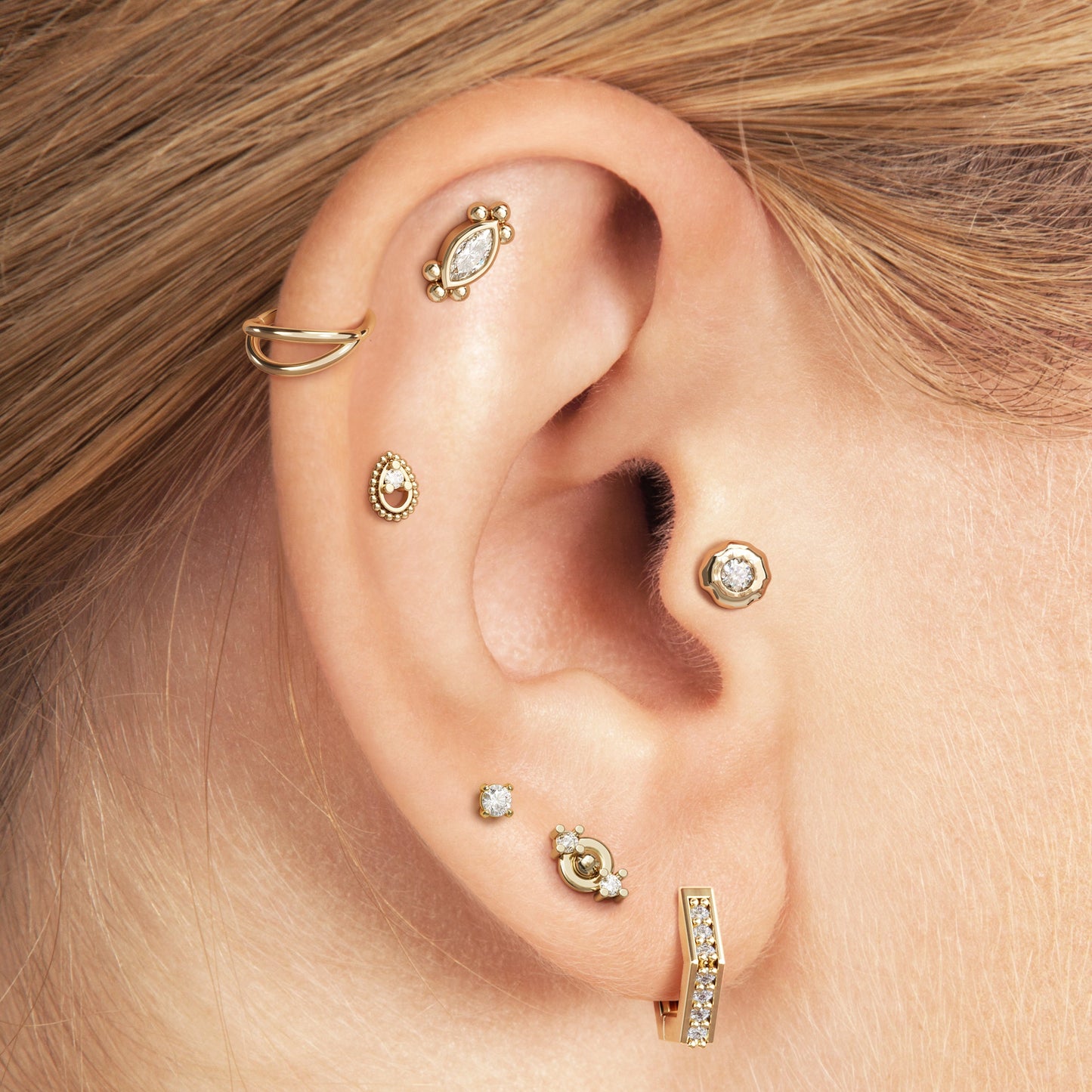 14K Gold Marquise Diamond Beaded Stud