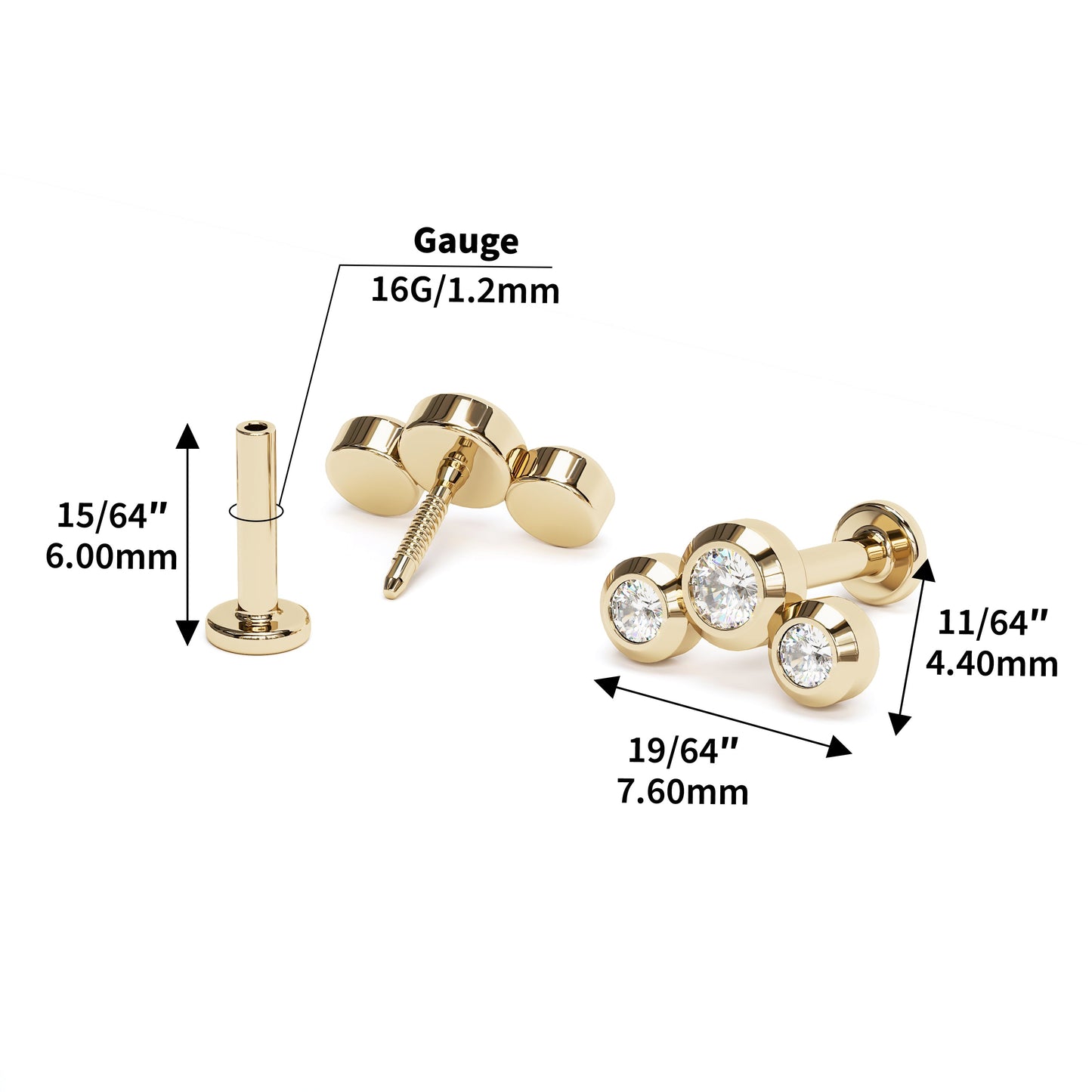 14K Gold Trio Diamond Curved Stud