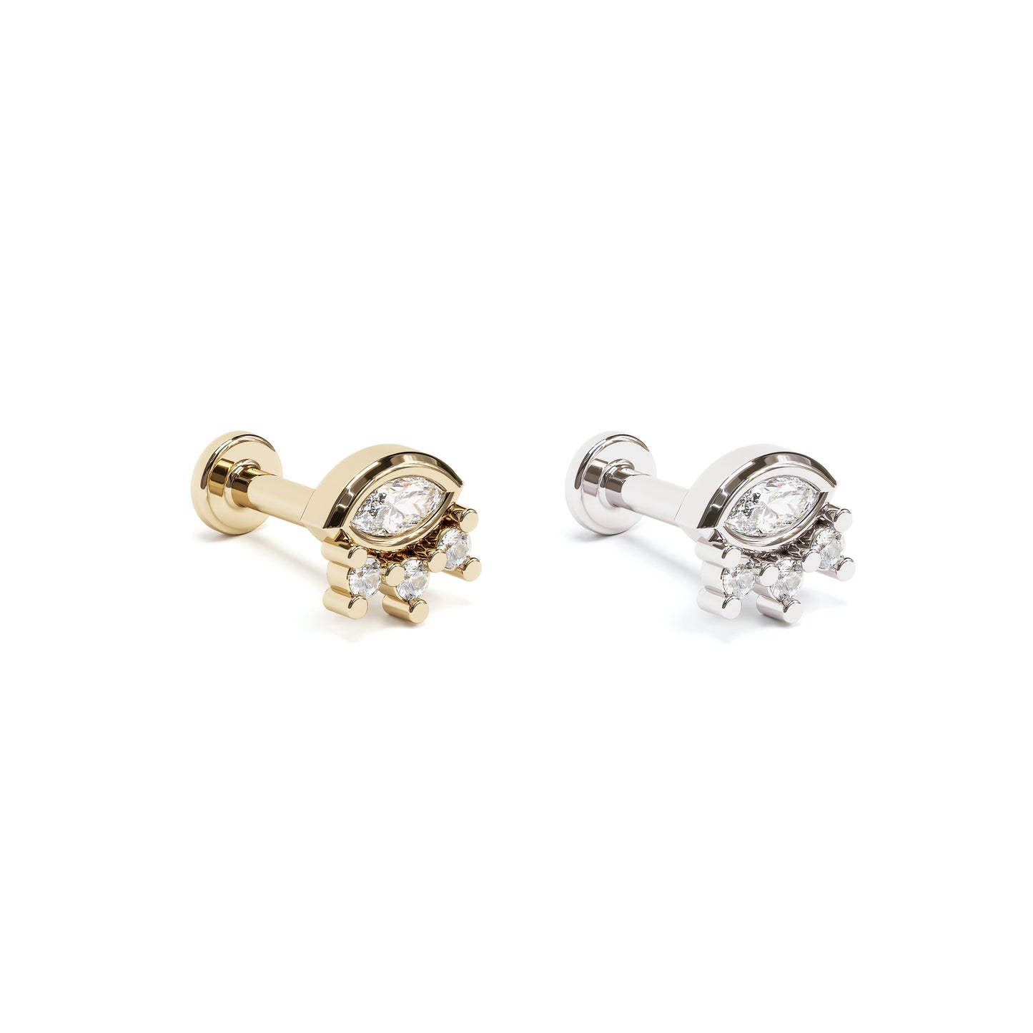 14K Gold Marquise Round Diamond Sunrise Stud