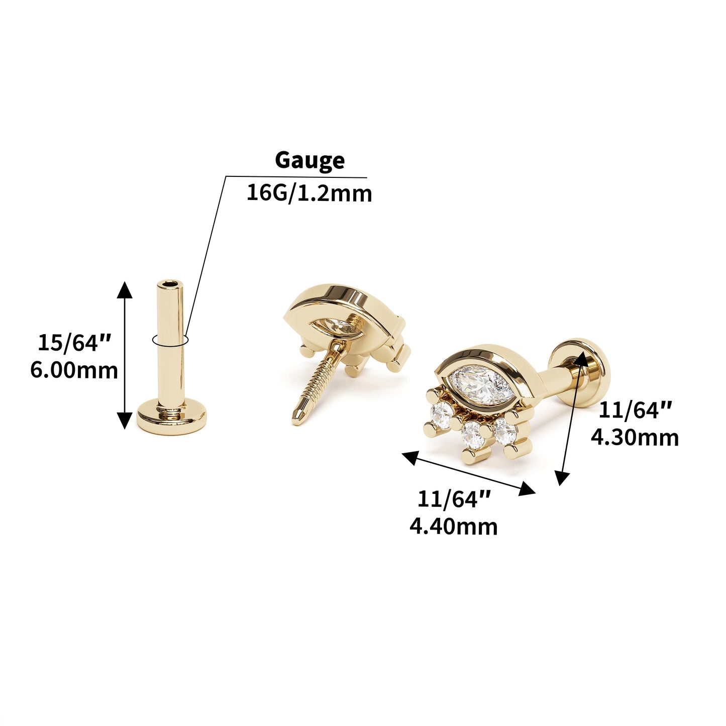 14K Gold Marquise Round Diamond Sunrise Stud