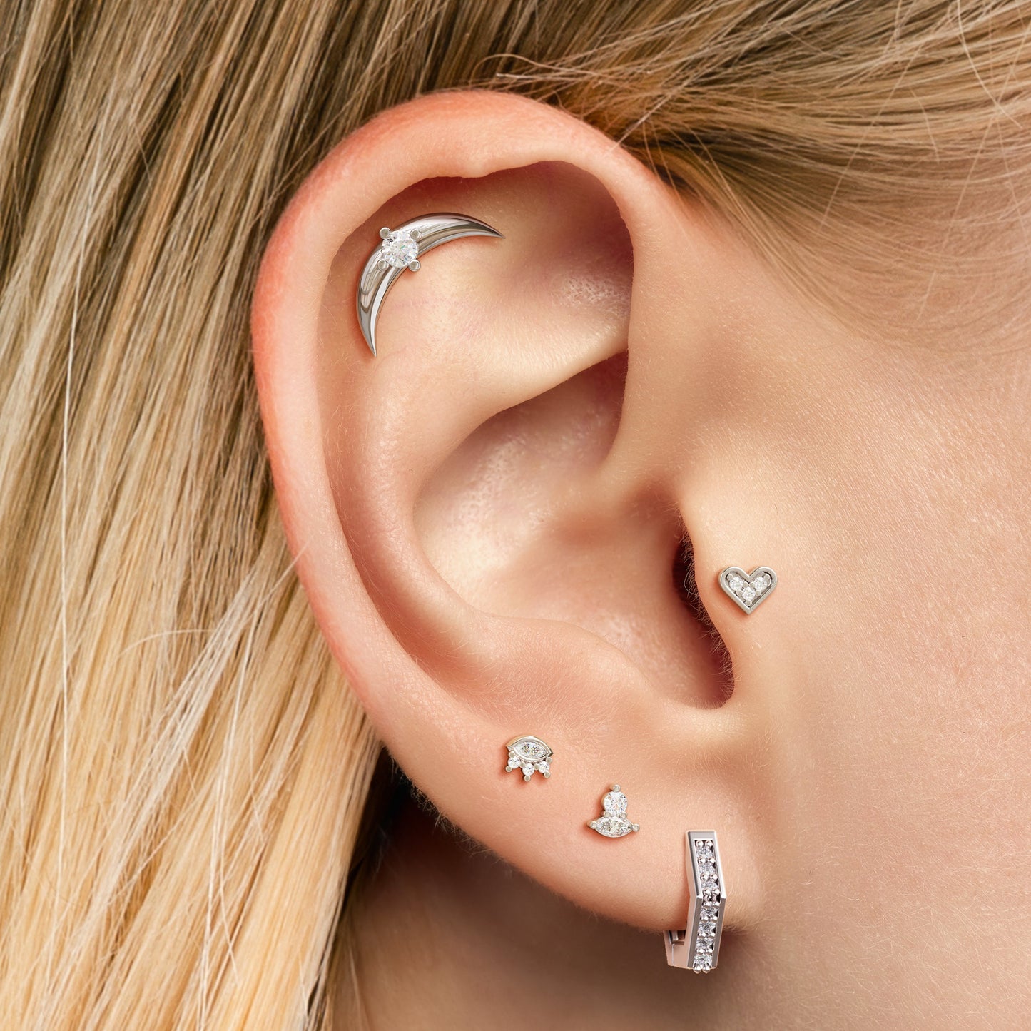 14K Gold Marquise Round Diamond Sunrise Stud
