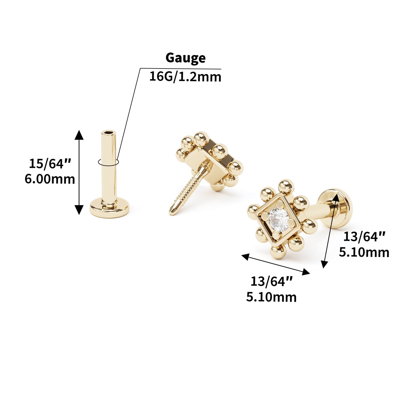 14K Gold Diamond Beaded Square Stud