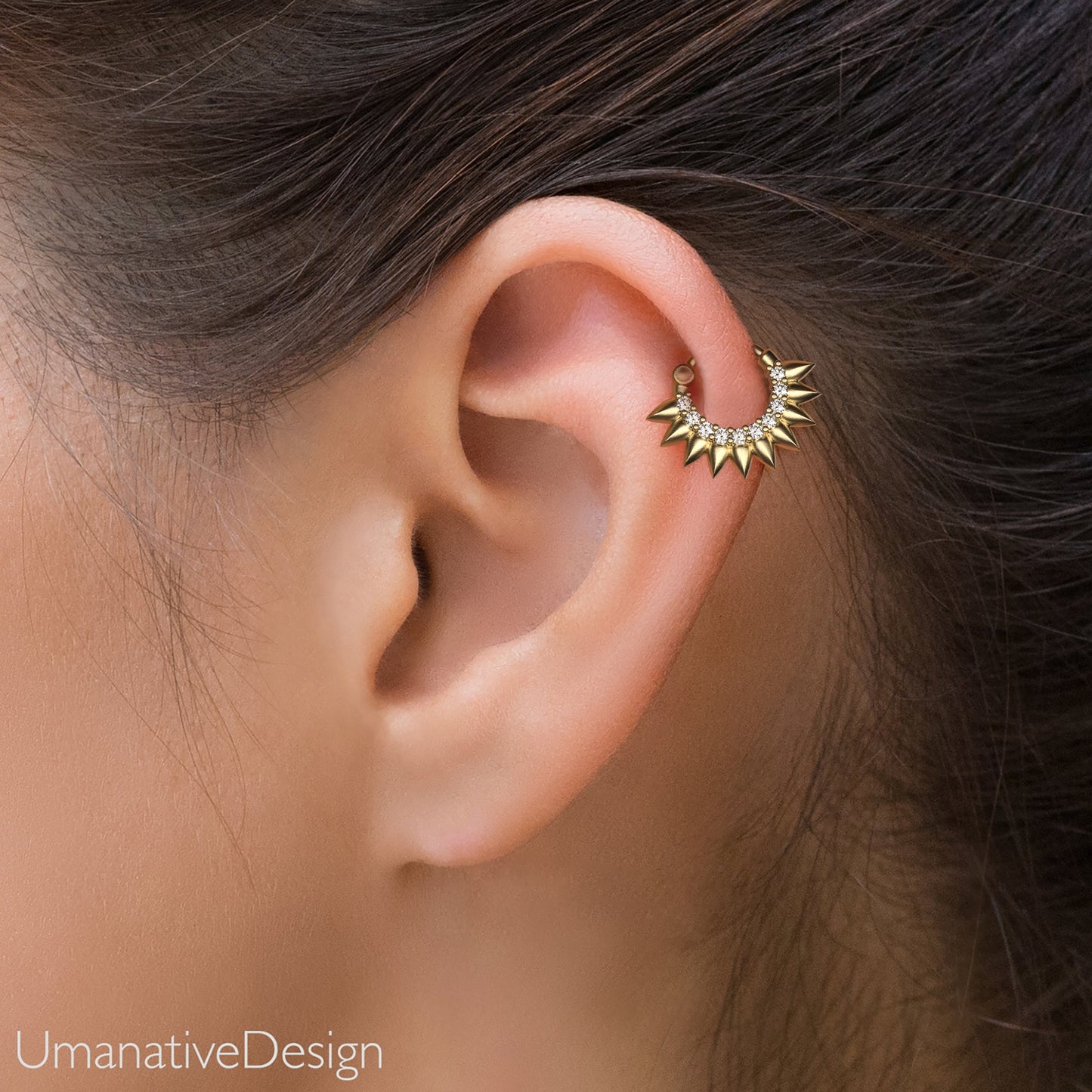 14K Gold Diamond Flower Petal Helix Clicker Hoop