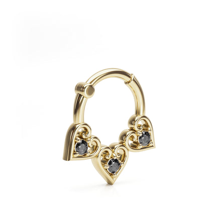 Solid Gold Black Diamond Heart Clicker Hoop