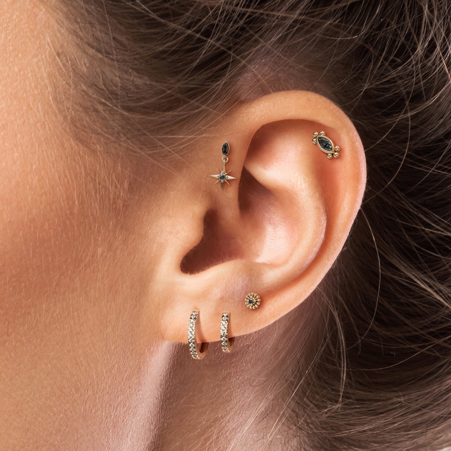 14K Gold Black Diamond Abstract Floral Threadless End