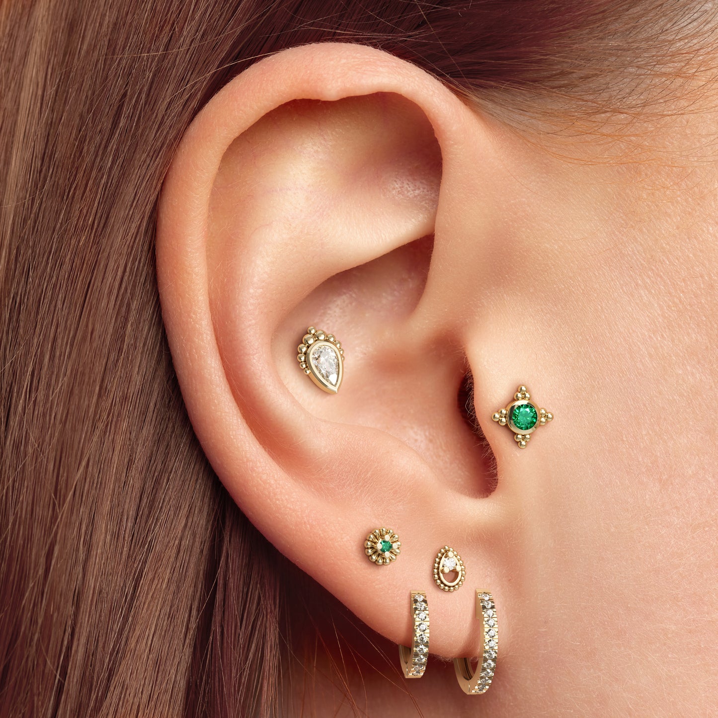 14K Gold Emerald Abstract Floral Threadless End