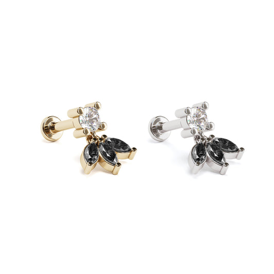 14K Gold Marquise Black and White Diamond Lotus Dangle Stud