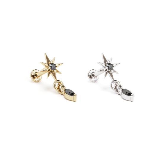 14K Gold Marquise Black Diamond Starburst Dangle Stud