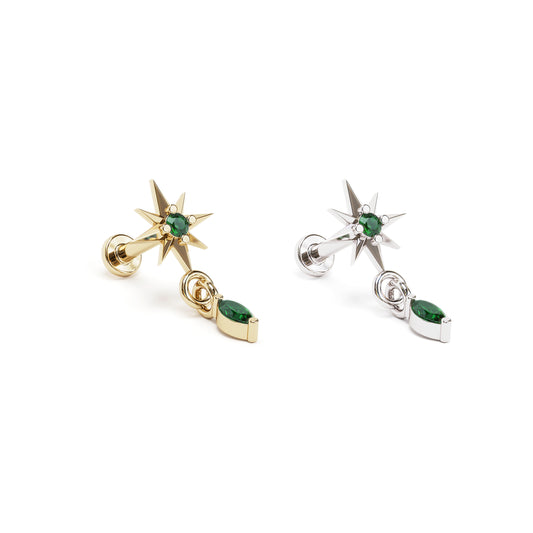 14K Gold Marquise Emerald Starburst Dangle Stud