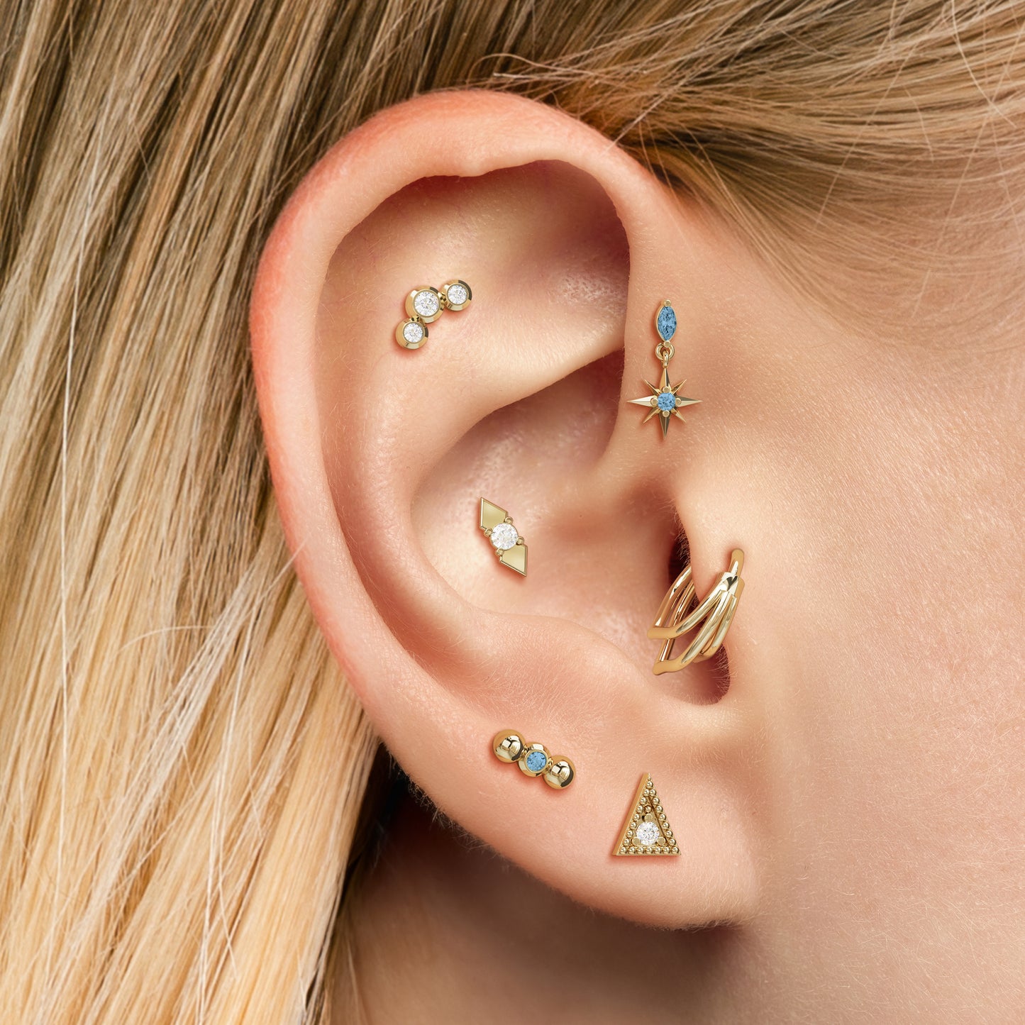 14K Gold Blue Topaz Starburst Dangle Threadless End