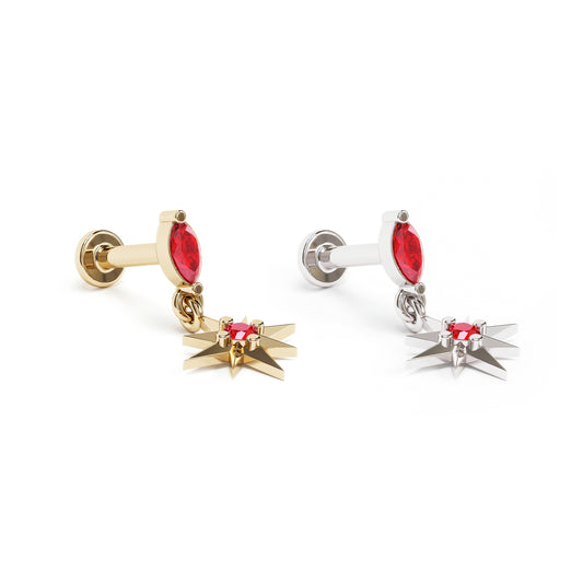 14K Gold Ruby Starburst Dangle Stud