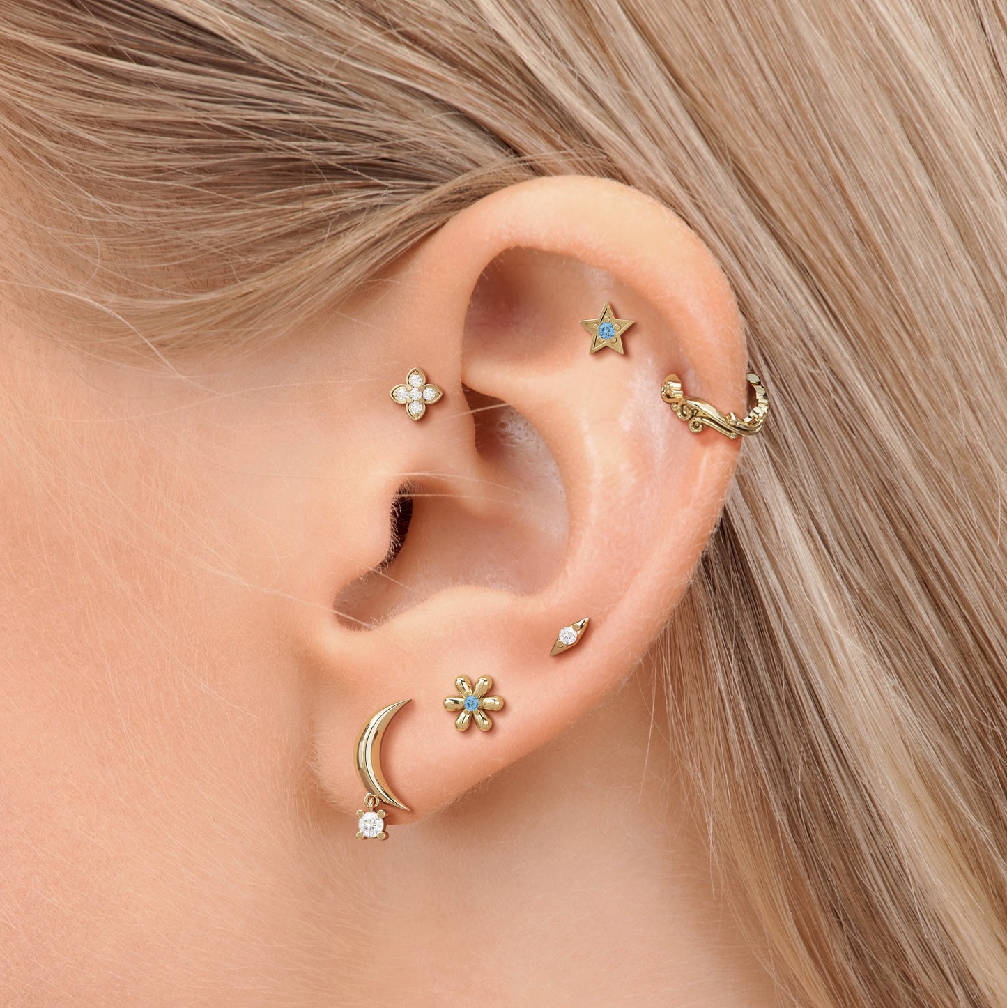 14K Gold Blue Topaz Flower Threadless End