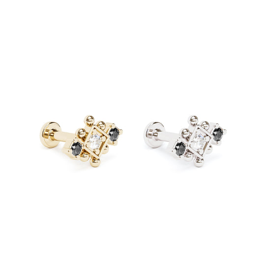 14K Gold Black and White Diamond Beaded Geometric Stud