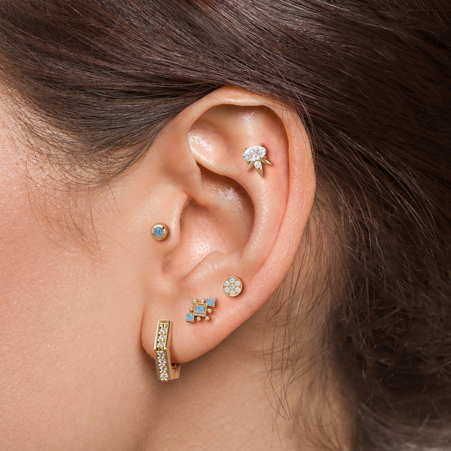 14K Gold Blue Topaz Beaded Geometric Threadless End