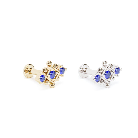 14K Gold Sapphire Beaded Geometric Stud