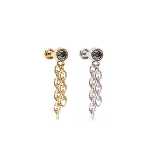 14K Gold Black Diamond Chain Dangle Stud