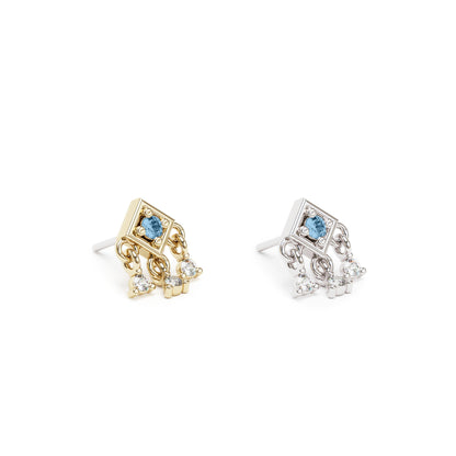 14K Gold Blue Topaz Diamond Square Dangle Threadless End