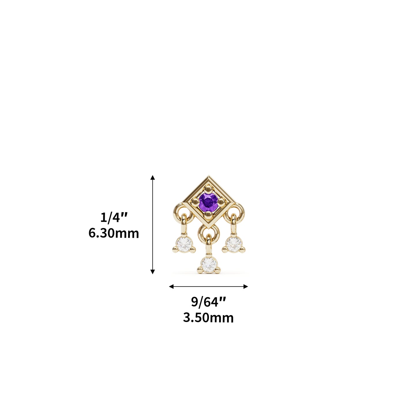 14K Gold Amethyst Diamond Square Dangle Threadless End