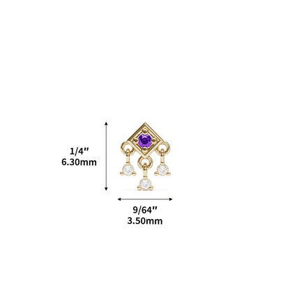14K Gold Amethyst Diamond Square Dangle Threadless End