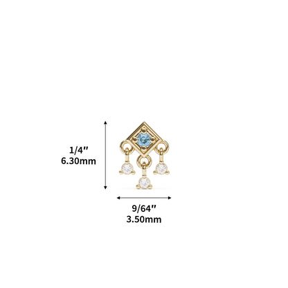 14K Gold Blue Topaz Diamond Square Dangle Threadless End