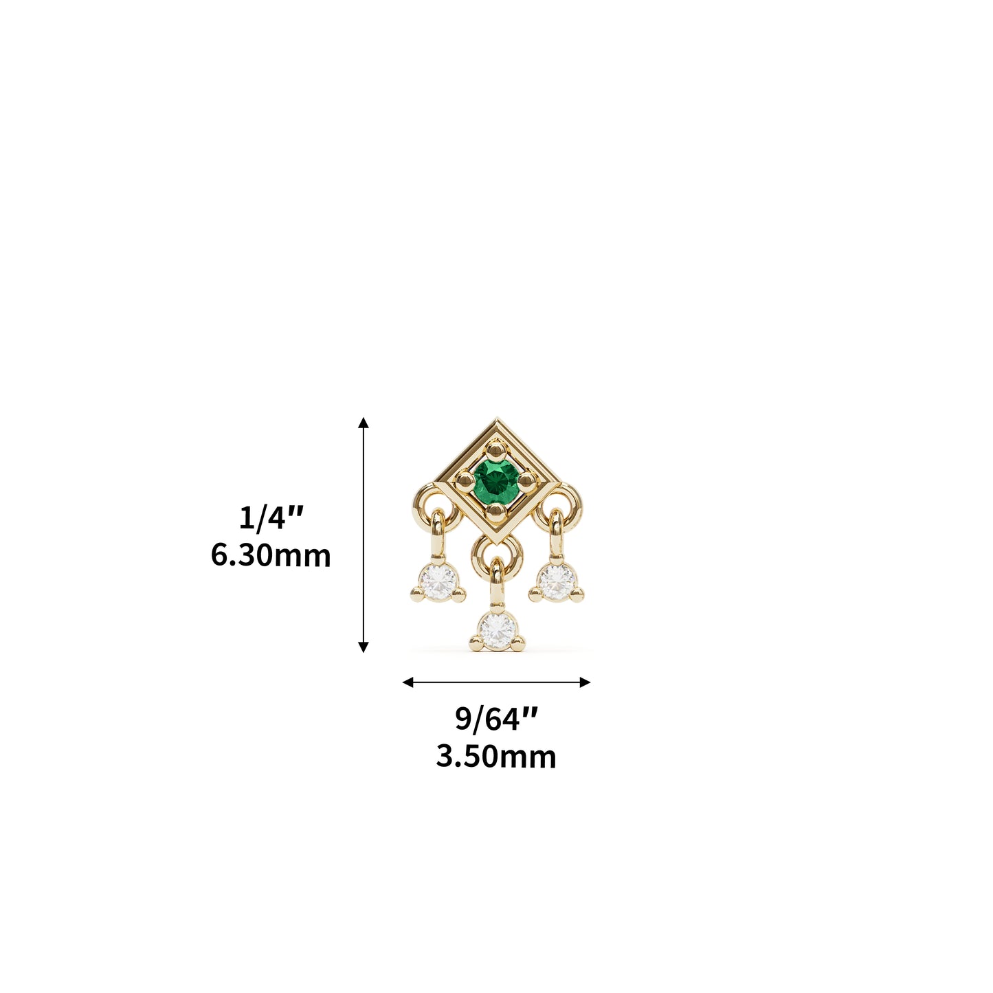 14K Gold Emerald Diamond Square Dangle Threadless End