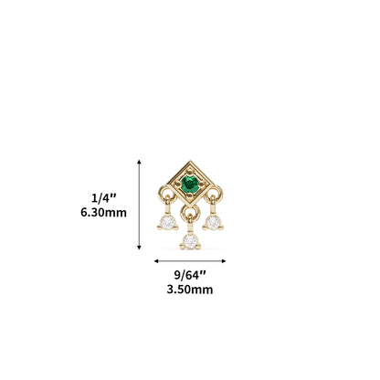 14K Gold Emerald Diamond Square Dangle Threadless End